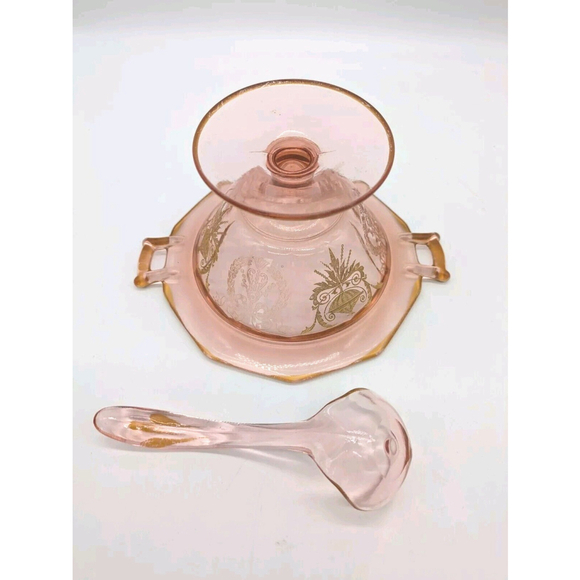 Pink Cambridge ? Gold Trim Mayonnaise Bowl and Ladle - Picture 7 of 9